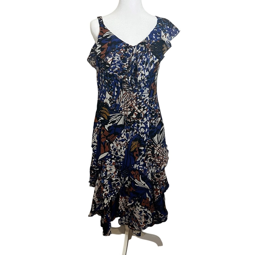Robbie Bee Blue Floral One-Shoulder Ruffle Midi Dress